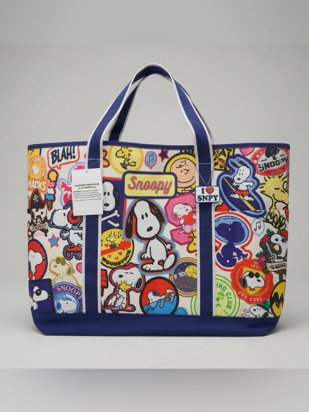 Peanuts Snoopy Large Canvas Tote Bag Blue Graphic Shopper Travel Beach NWT